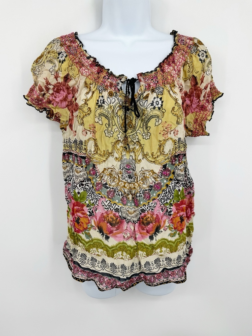 Vintage Y2K Floral Scrunch Blouse Size Medium Whimsical Fairycore Lightweight